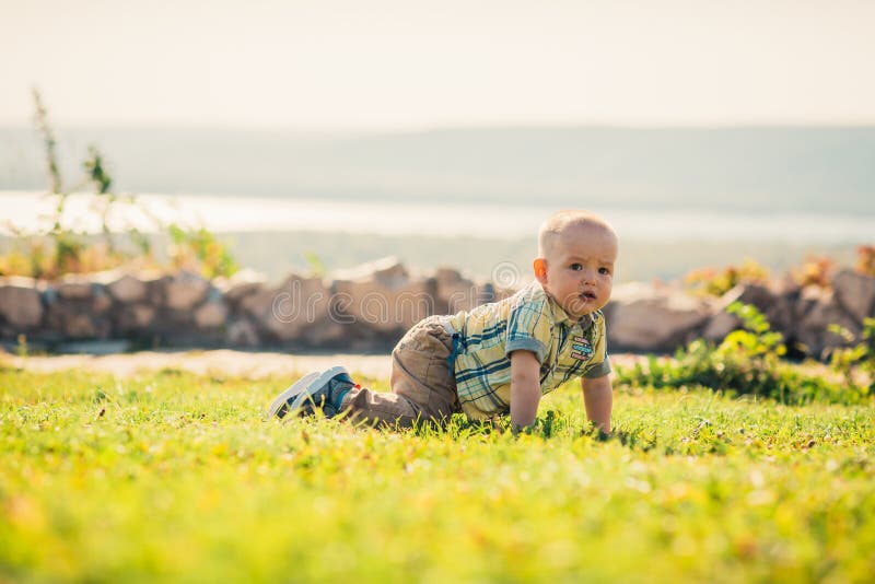 Baby Boy on Green Grass Nature Background Stock Photo Image of