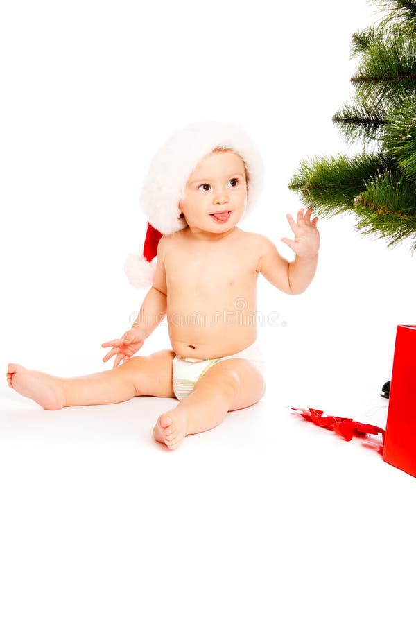 Baby Boy Near Christmas Tree Stock Photo Image of diaper, person