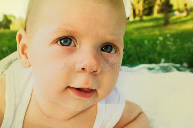 A baby boy outdoors in a green forest crawling on grass on a white blanket stock photography A baby boy outdoors in a green forest crawling on grass on a white blanket stock photography