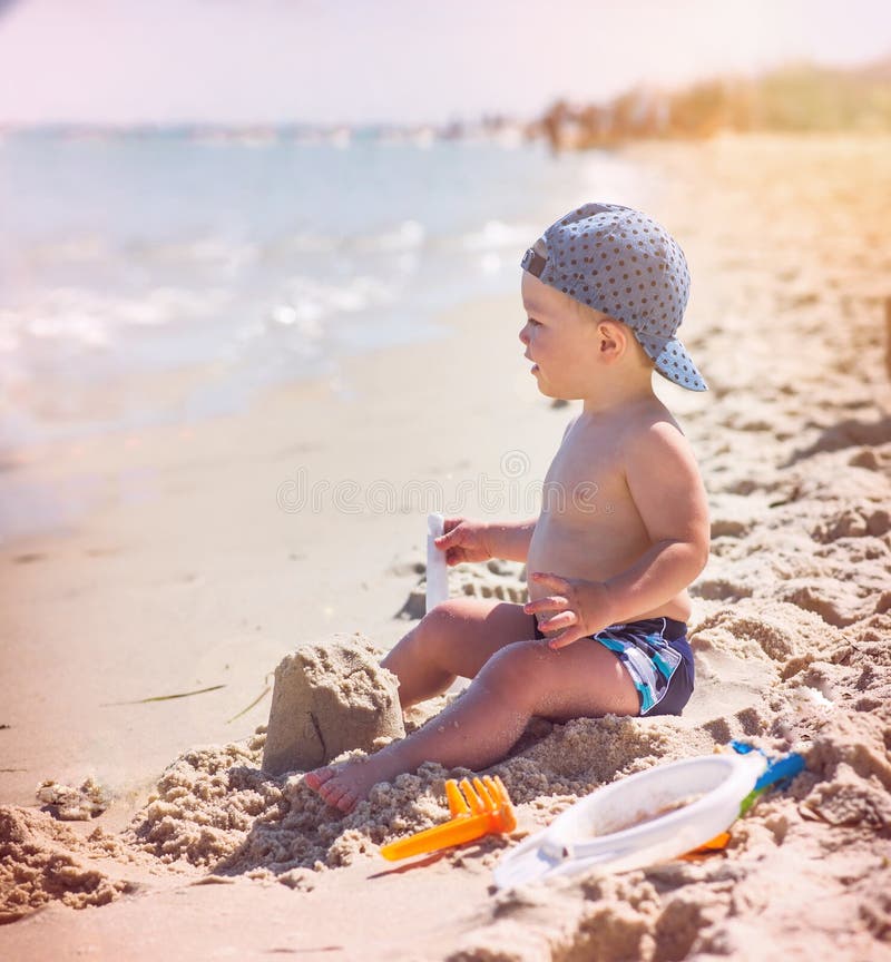 Baby Boy Play on Beach, Sand Sea. Summer Stock Image Image of child