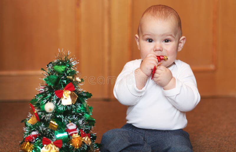 Baby Boy Playing with Christmas Tree Stock Photo Image of child