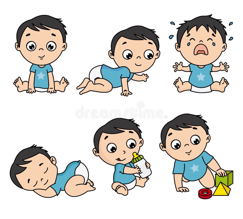 Baby boy set in different poses such as standing, sitting, crying, playing,  crawling. vector isolated Stock Vector | Adobe Stock