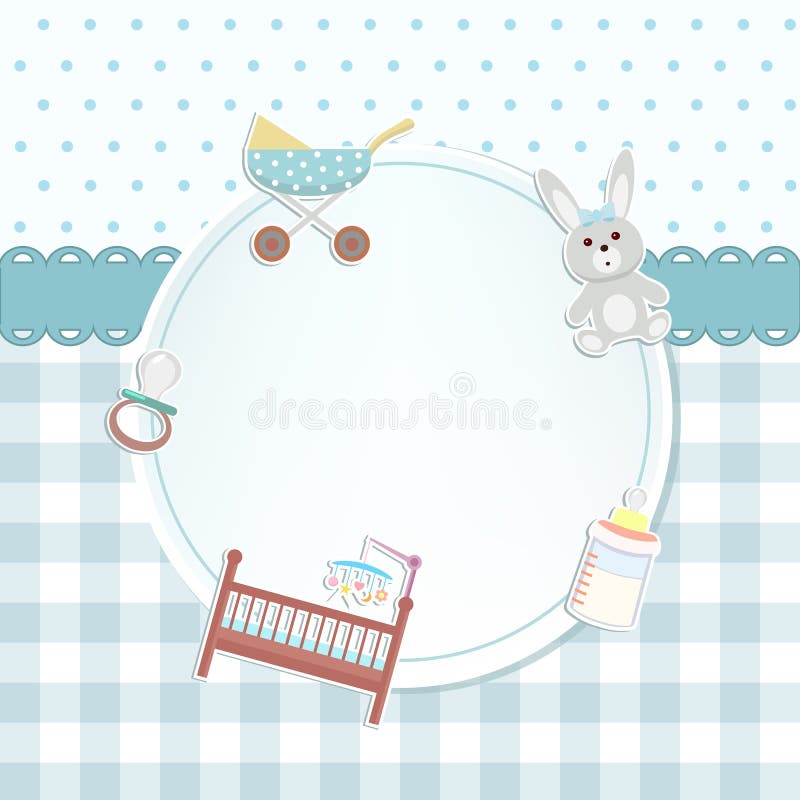 Baby boy shower or arrival card with a pram, rabbit toy, bottle