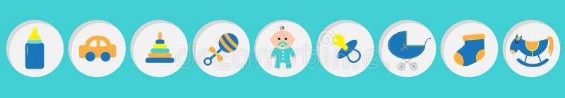 Baby boy shower card with bottle, horse, rattle, pacifier, sock, car toy, baby carriage, pyramid. Its a boy. Round icon set line.