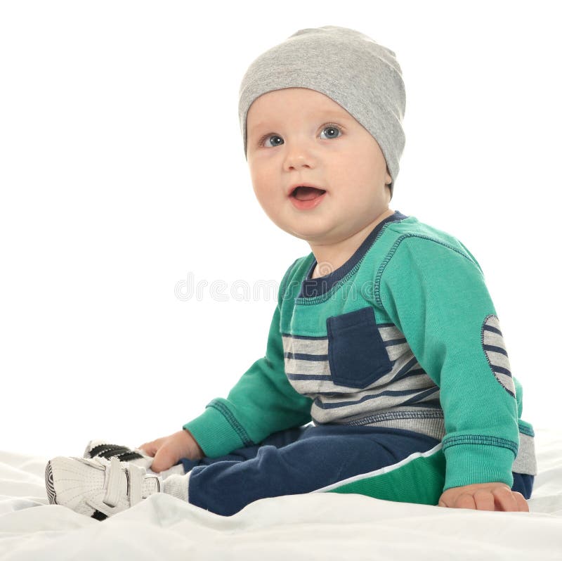 Baby Boy Sitting on a White Background Stock Photo Image of emotions, cheerful 56610498