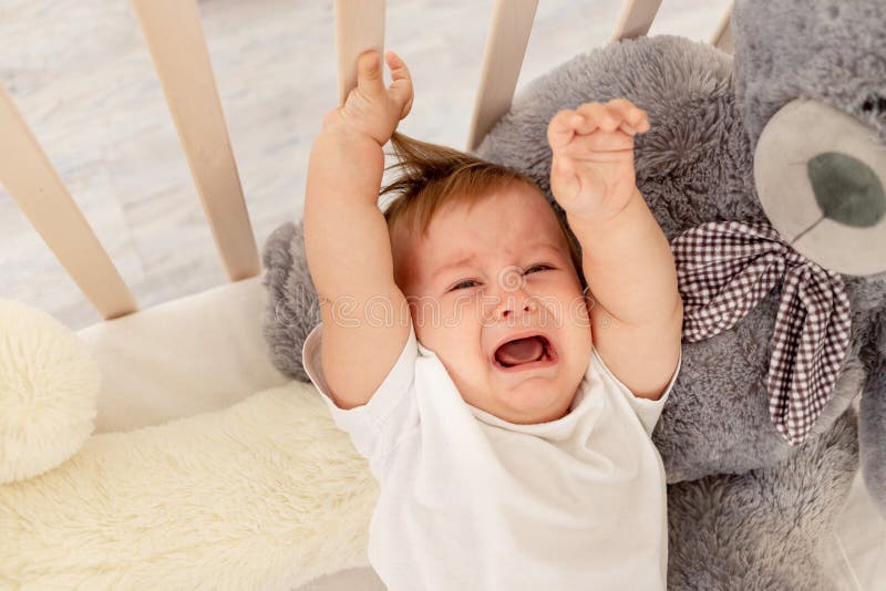 Baby Boy Six Months Old Crying in His Crib with a Big Teddy Bear Stock ...