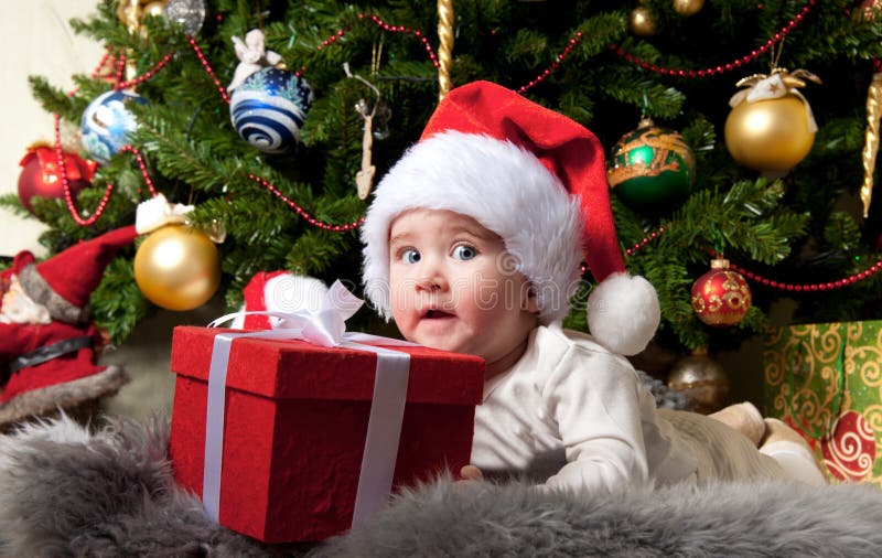 Baby Boy Under Christmas Tree Stock Image Image of helper, closeup