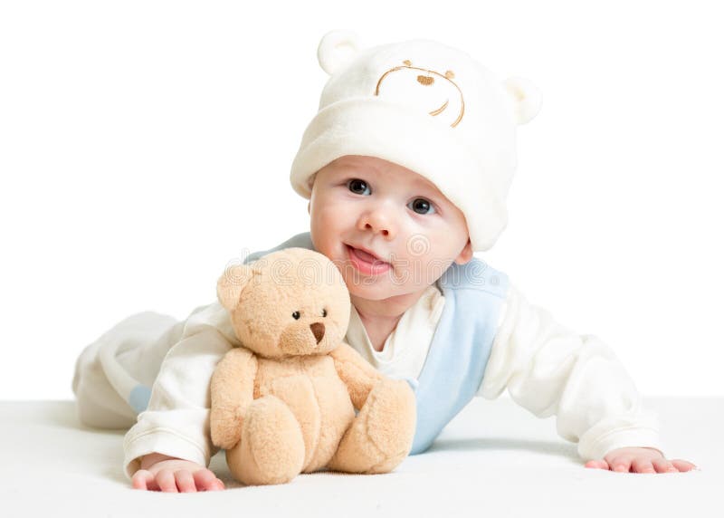Baby boy weared funny hat with plush toy royalty free stock image Baby boy weared funny hat with plush toy royalty free stock image