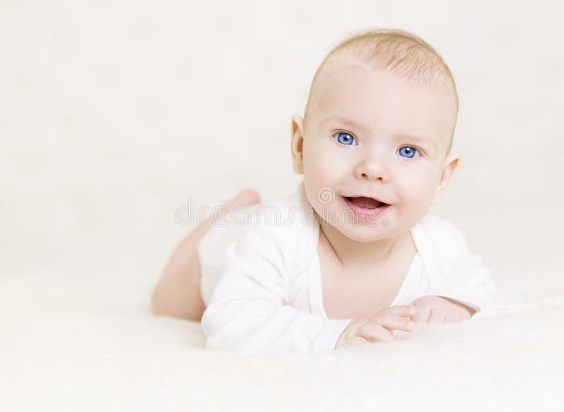 Baby Boy in White, Happy Newborn Infant Kid Portrait, Cute Child