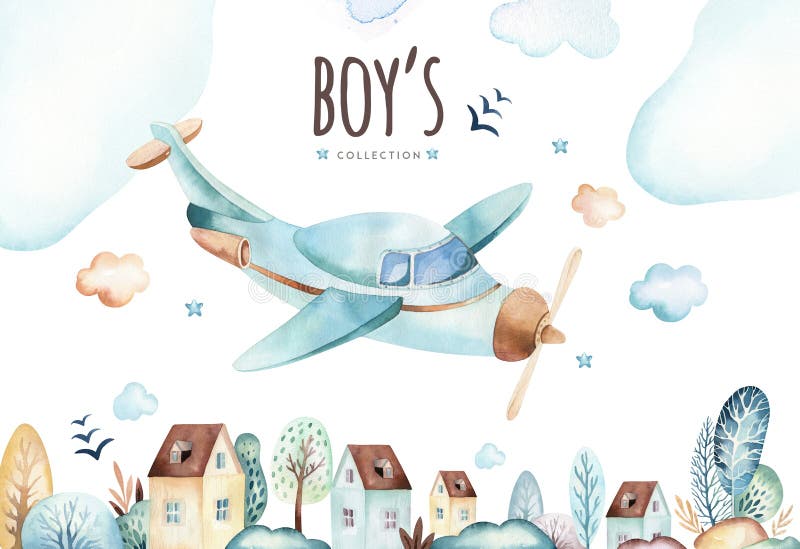 Baby boys world. Cartoon airplane and waggon locomotive watercolor illustration. Child birthday set of plane, and air