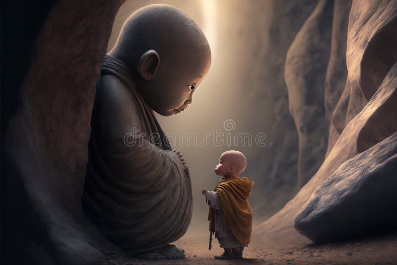 Baby Buddhist Monk Praying in Front of Buddah Statue Illustration