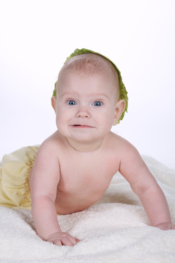 Baby with Cabbage Leaf on His Head Stock Photo Image of expressing