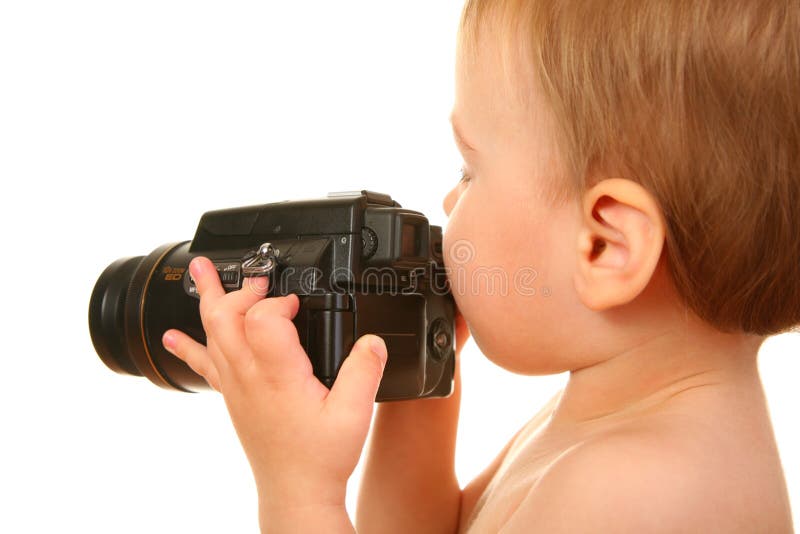 Baby boy with camera stock photo. Image of background 27906022