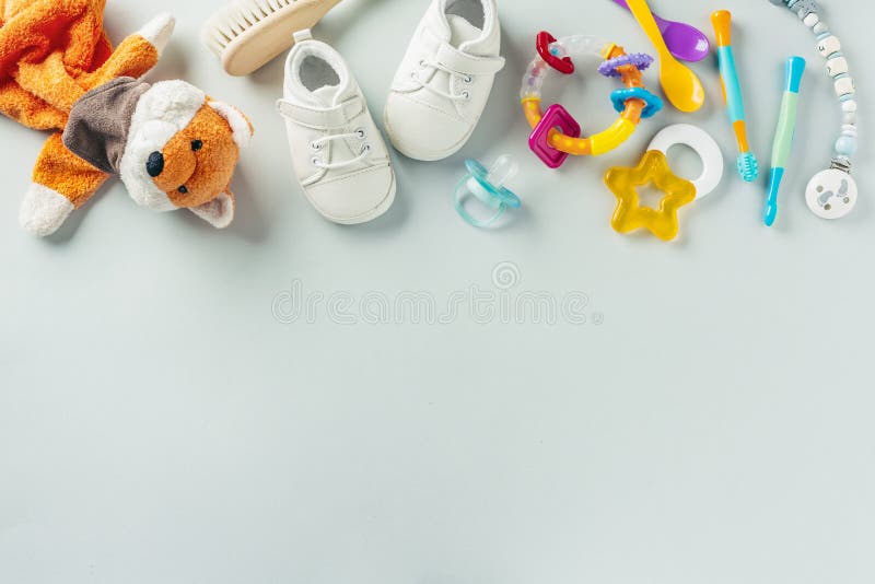 Baby care accessories flat lay.