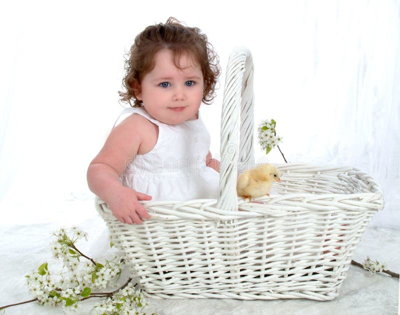 Baby and Chick in Wicker Basket