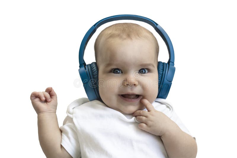 Baby, child, toddler happy smiling in wireless blue headphones on a white background. The concept of technology learning from royalty free stock photography Baby, child, toddler happy smiling in wireless blue headphones on a white background. The concept of technology learning from royalty free stock photography