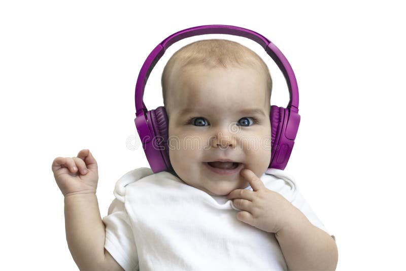 Baby child Toddler Happy smiling in a wireless purple headphones on a white background. The concept of technology learning from stock photography Baby child Toddler Happy smiling in a wireless purple headphones on a white background. The concept of technology learning from stock photography