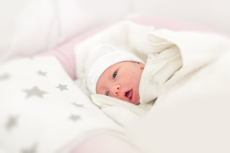 Baby Closeup in a Baby Cot. Stock Image Image of caucasian, cute