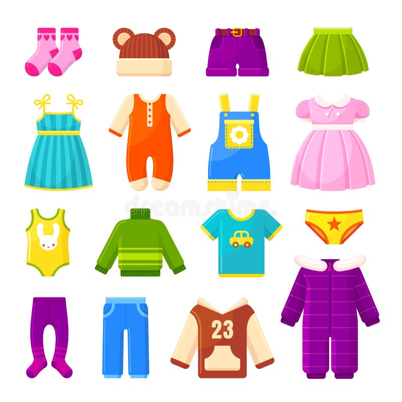 Baby clothes, childish things vector flat illustrations set