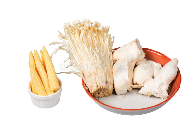 Baby corn,king trumpet mushroom,needle mushroom royalty free stock images Baby corn,king trumpet mushroom,needle mushroom royalty free stock images