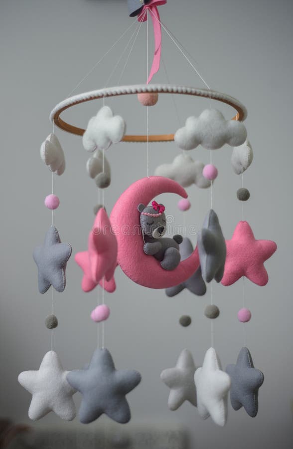 Baby Girl Crib Mobile With Bears Gray and Beige, Pink Cloud, Stars