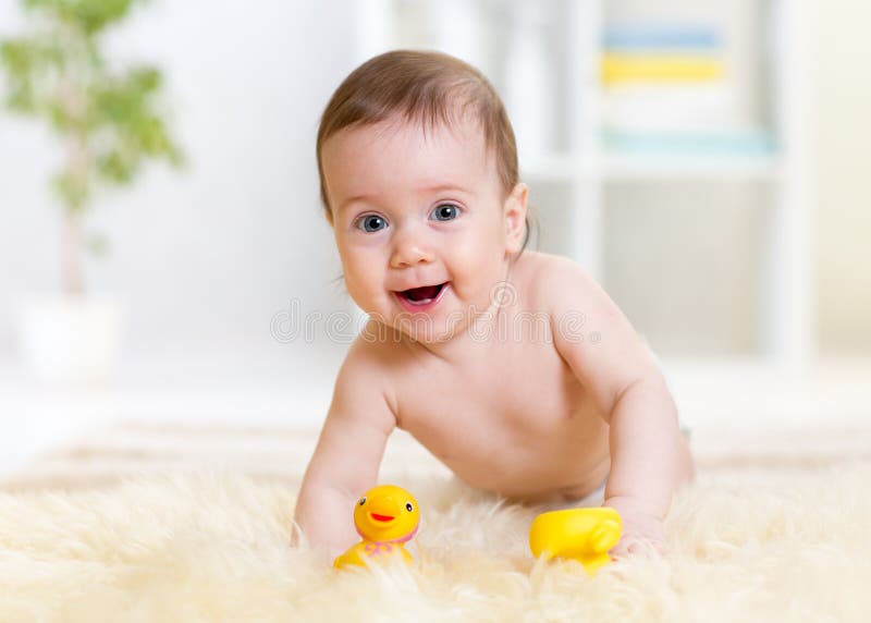 Baby Crawling on Fluffy Carpet at Home Stock Image Image of home