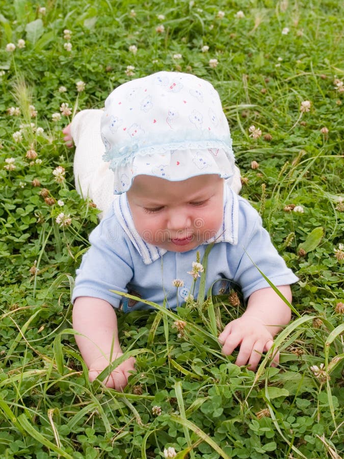 Baby crawling on the meadow