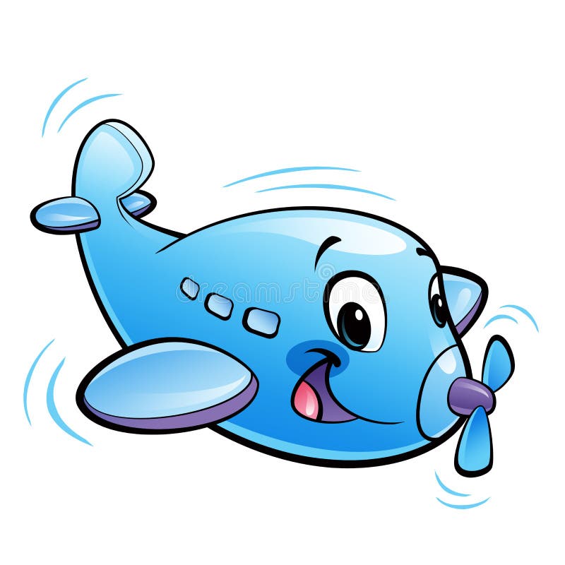 Baby cute cartoon blue airplane character with propeller flying
