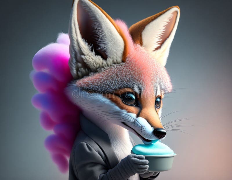 Baby, cute, cartoon Fox in grey outfit, eating frozen yogurt on watercolor pastel background. In the background Cotton Candy. Animals in human life situations. The perfect poster for a children's room or for a postcard. AI Generated. Baby, cute, cartoon Fox in grey outfit, eating frozen yogurt on watercolor pastel background. In the background Cotton Candy. Animals in human life situations. The perfect poster for a children's room or for a postcard. AI Generated