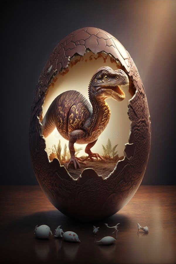Baby Dinosaur Nesting out of an Egg. Dinosaur coming out of an egg shell. stock illustration.