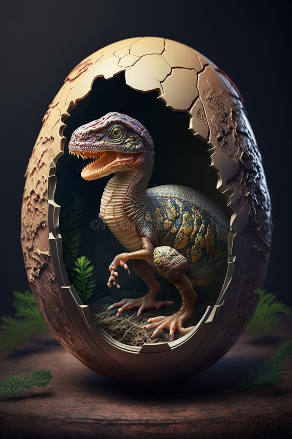 Baby Dinosaur Nesting out of an Egg. Dinosaur coming out of an egg shell. stock illustration.