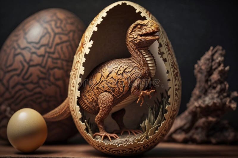 Baby Dinosaur Nesting out of an Egg. Dinosaur coming out of an egg shell. stock illustration.