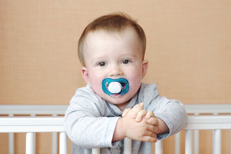 Baby with Dummy in White Bed Stock Image Image of amusing, months