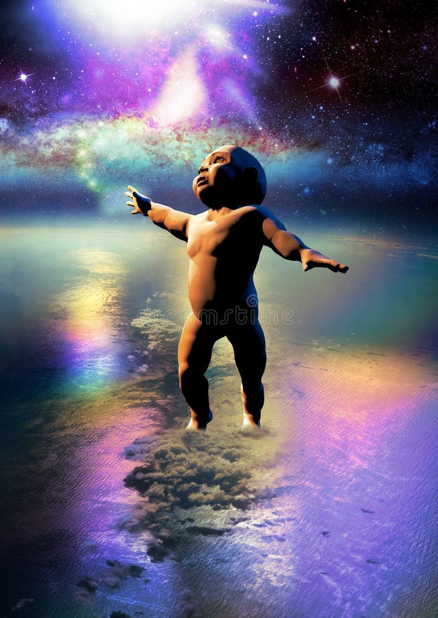 Bambino in piedi sulla Terra, ai suoi piedi dentro l'acqua, tra le nuvole, di toccare le stelle con la sua mano destra.