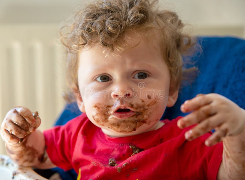 Baby is Eating a Chocolate Cake Stock Image Image of messy, making
