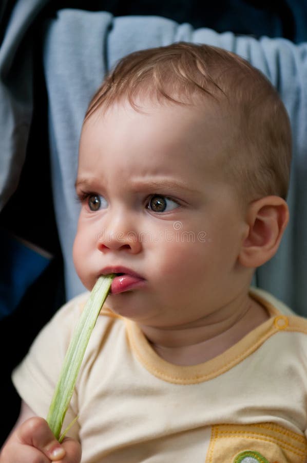 Baby eating green rhubarb