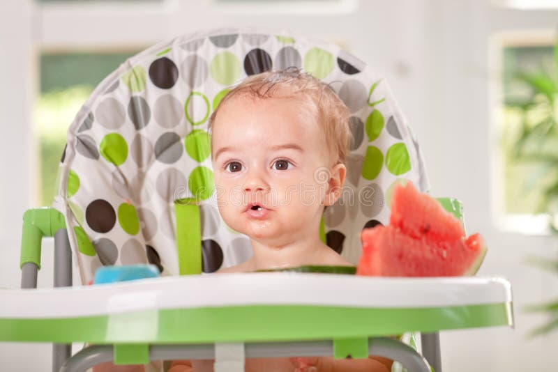Surprised Baby Eating Fruit Watermelon Stock Photos Free & Royalty