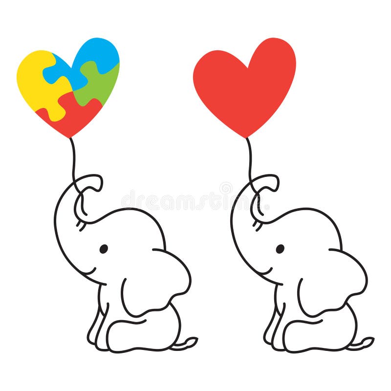 Vector illustration of a lined art baby elephant holding a heart shape balloon with Autism puzzle piece symbol. Vector illustration of a lined art baby elephant holding a heart shape balloon with Autism puzzle piece symbol.