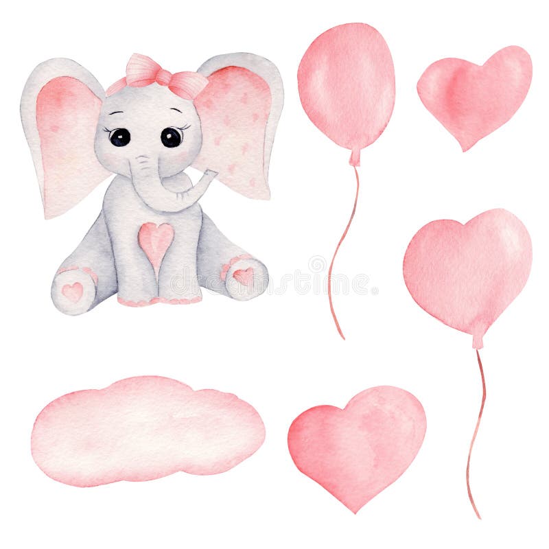 Baby elephant and pink balloons hand drawn watercolor illustrations set