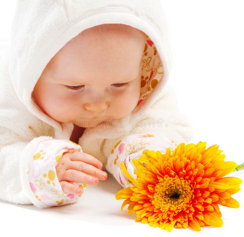 Funny Baby Girl in a Flower Pot Eating Daisies Stock Image Image of