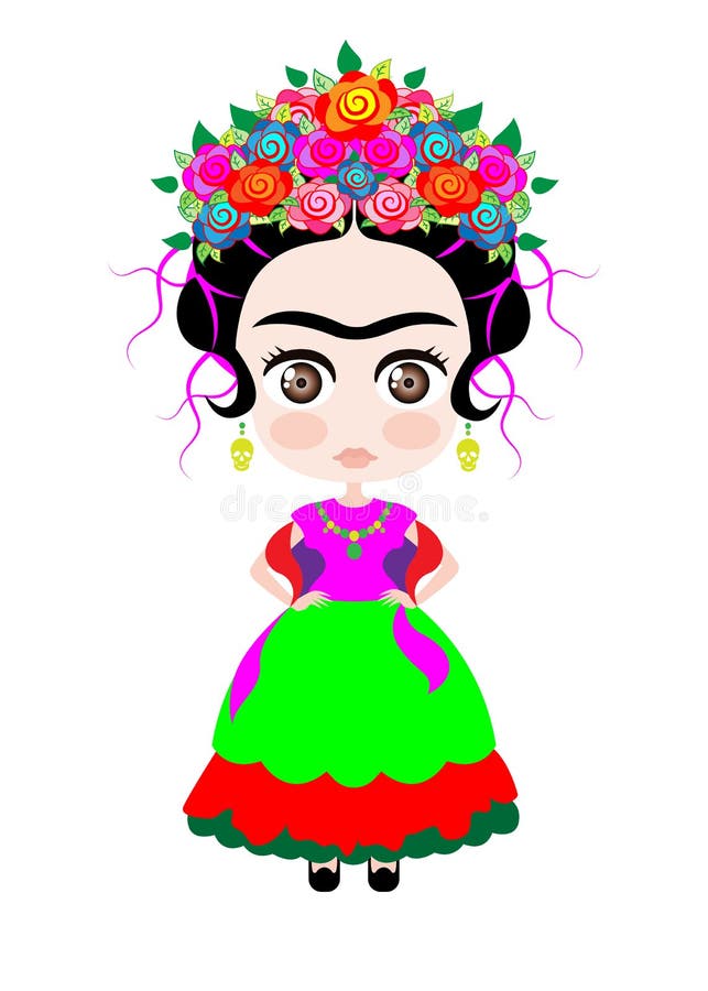 Baby Frida Kahlo met kroon van kleurrijke bloemen, Kokeshi-poppenstijl, beeldverhaalpop in typische etnische Mexicaanse kleren vo vector illustratie Baby Frida Kahlo met kroon van kleurrijke bloemen, Kokeshi-poppenstijl, beeldverhaalpop in typische etnische Mexicaanse kleren vo vector illustratie