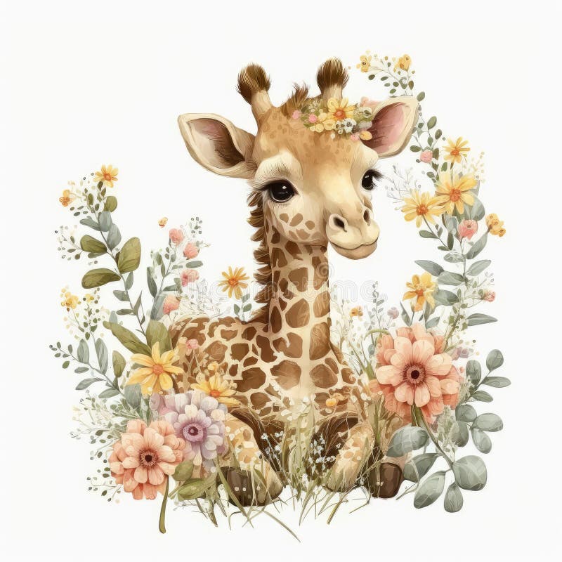 Cute Baby Giraffe Floral,Wildlife,Innocent, Playful, Charming, Spring