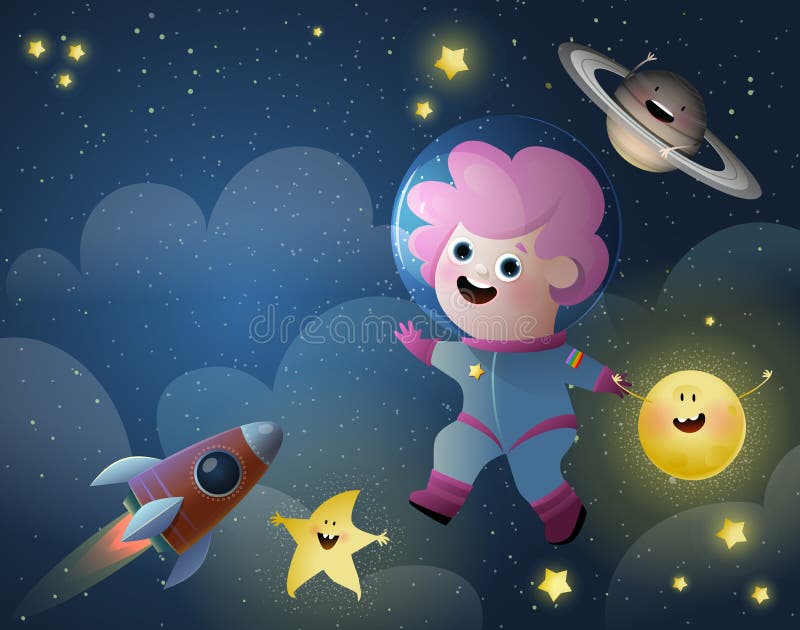 Baby Girl Astronaut in Space Kids Wallpaper Stock Vector - Illustration