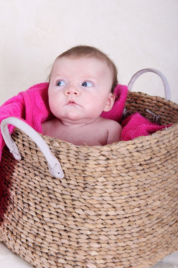 Baby girl in basket stock photo. Image of girl, beautiful 47475652