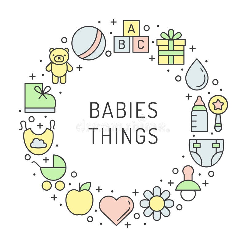 Baby (girl and boy) things outline multicolored cute vector circle frame background. Minimalistic design. Part one. vector illustration Baby (girl and boy) things outline multicolored cute vector circle frame background. Minimalistic design. Part one. vector illustration