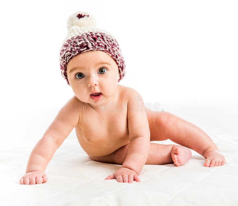 Baby girl in a brown hat stock photo. Image of closeup 58433470