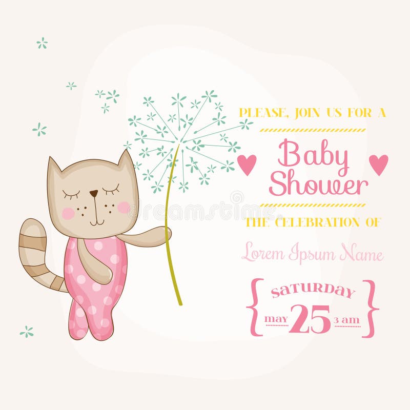 Baby Girl Cat Holding Flower - Baby Shower or Arrival Card