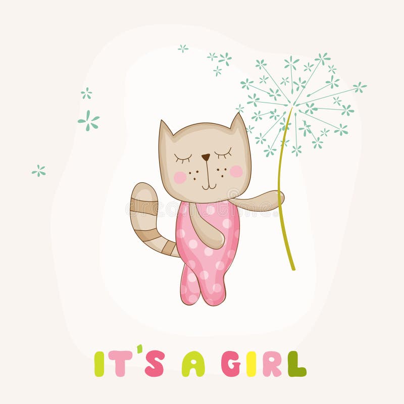 Baby Girl Cat Holding Flower - Baby Shower or Arrival Card