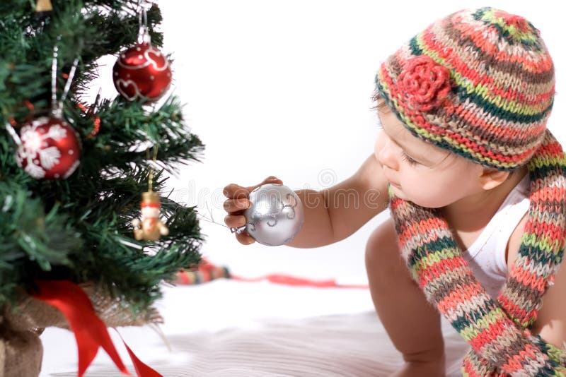 Baby Girl with Christmas Tree Stock Image Image of playful, healthy