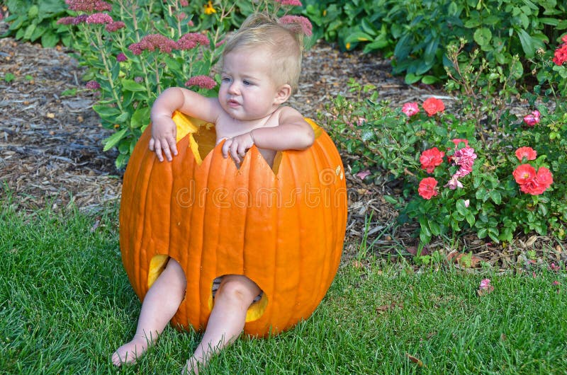 Baby Girl in Halloween Pumpkin Stock Photo - Image of female, funny ...